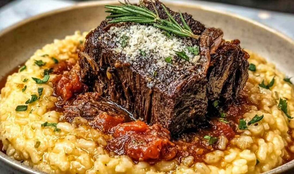 Italian Pot Roast and Parmesan Risotto 5 Italian pot roast and Parmesan risotto served in a shallow white bowl topped with shredded beef and Parmesan cheese