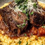 Italian pot roast and Parmesan risotto served in a shallow white bowl topped with shredded beef and Parmesan cheese
