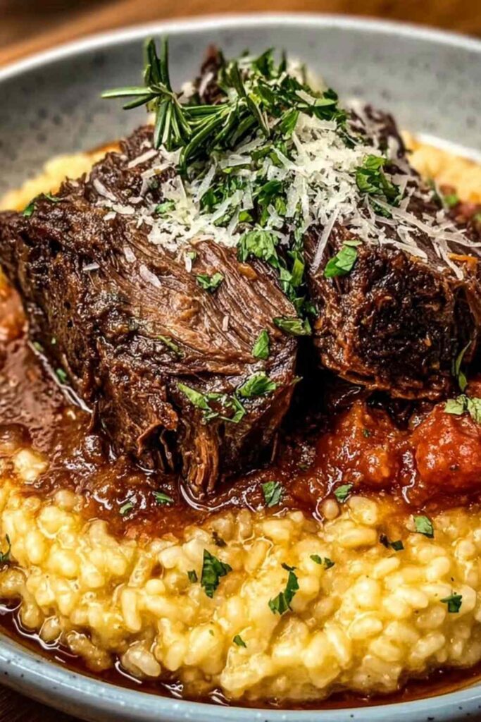 Italian Pot Roast and Parmesan Risotto 6 Italian pot roast and Parmesan risotto served in a shallow white bowl topped with shredded beef and Parmesan cheese