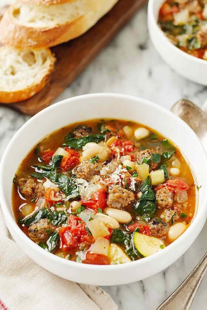 Italian Vegetable Soup 6 Bowl of Italian vegetable soup with cannellini beans, ditalini pasta, fresh spinach, and grated Parmesan cheese