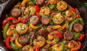 Keto Cajun shrimp sausage skillet with creamy sauce, bell peppers, and fresh parsley garnish in a cast-iron pan