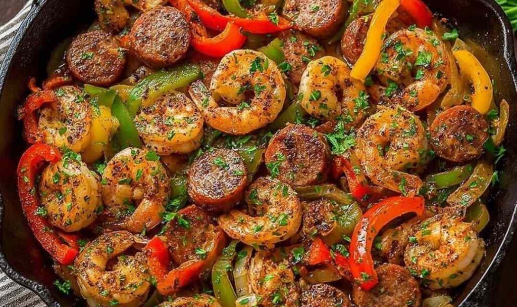 Keto Cajun shrimp sausage skillet with creamy sauce, bell peppers, and fresh parsley garnish in a cast-iron pan