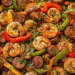 Keto Cajun shrimp sausage skillet with creamy sauce, bell peppers, and fresh parsley garnish in a cast-iron pan