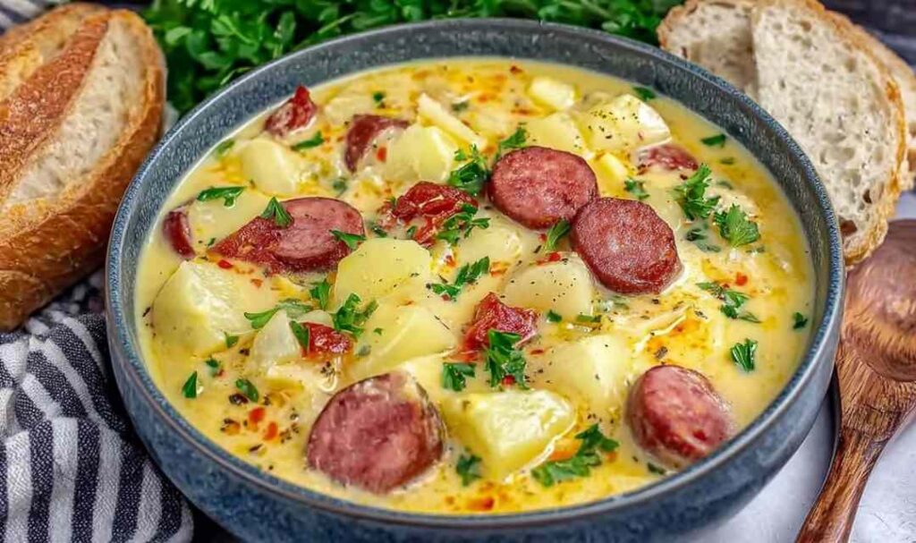 Creamy kielbasa potato soup in a white bowl topped with fresh chopped parsley