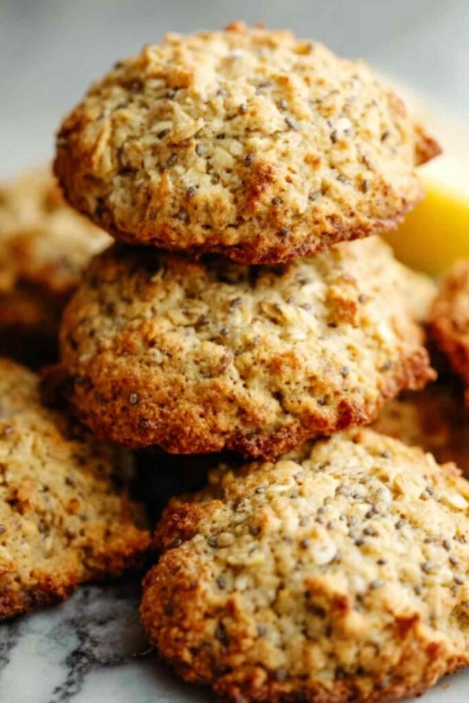 Lemon Chia Breakfast Cookies 6 Lemon chia breakfast cookies stacked on a white plate with fresh lemon slices and zest