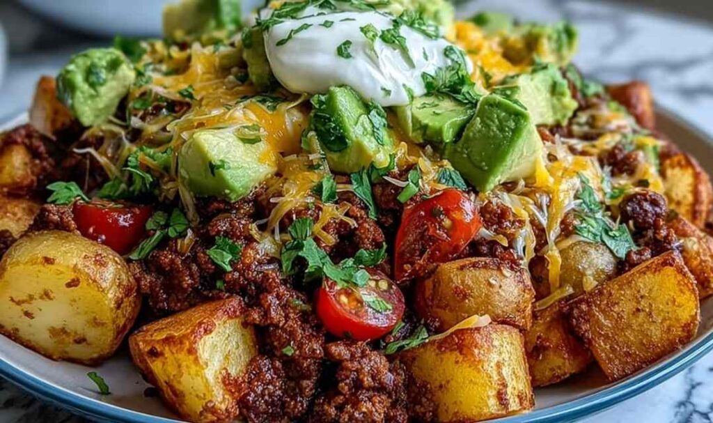 Loaded potato taco bowl with crispy roasted potatoes, seasoned ground beef, cheddar cheese, sour cream, and fresh salsa in a white bowl