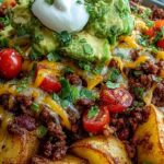Loaded potato taco bowl with crispy roasted potatoes, seasoned ground beef, cheddar cheese, sour cream, and fresh salsa in a white bowl