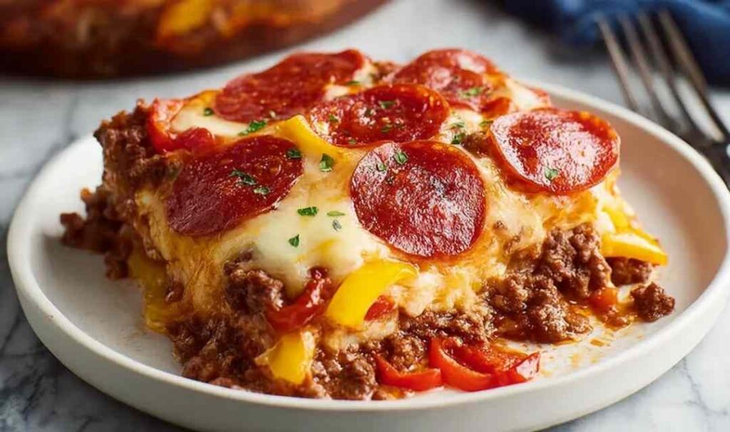 Low carb pizza casserole with melted mozzarella and pepperoni fresh from the oven in a white baking dish