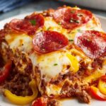 Low carb pizza casserole with melted mozzarella and pepperoni fresh from the oven in a white baking dish