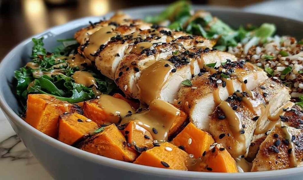 Maple Dijon Chicken Sweet Potato Bowls with roasted chicken, avocado, pecans, and cranberries over fresh spinach