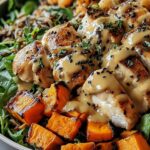 Maple Dijon Chicken Sweet Potato Bowls with roasted chicken, avocado, pecans, and cranberries over fresh spinach