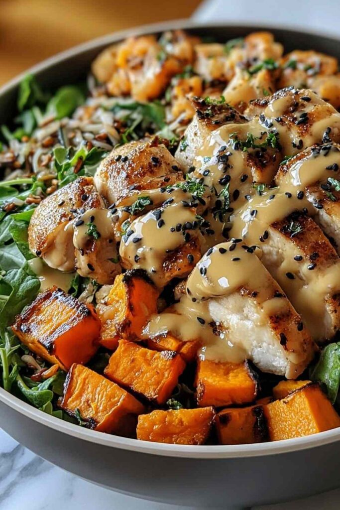 Maple Dijon Chicken Sweet Potato Bowls with roasted chicken, avocado, pecans, and cranberries over fresh spinach