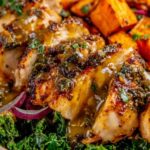 Maple Dijon chicken sweet potato bowl with glazed chicken slices, roasted sweet potatoes, avocado, and cherry tomatoes