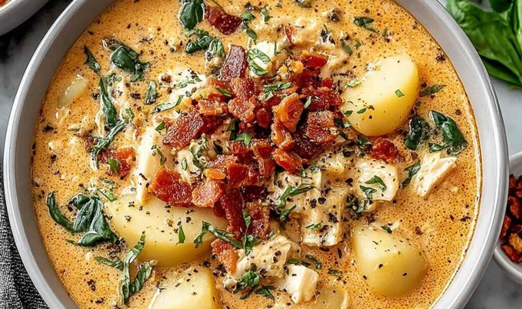 Bowl of Marry Me Soup with shredded chicken in creamy tomato broth topped with fresh basil and Parmesan