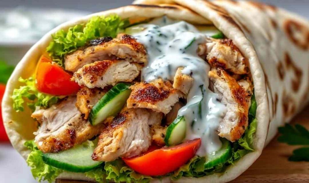 Mediterranean chicken gyros with creamy feta tzatziki sauce in warm pita bread on a wooden board