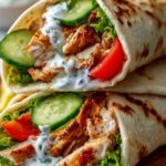 Mediterranean chicken gyros with creamy feta tzatziki sauce in warm pita bread on a wooden board