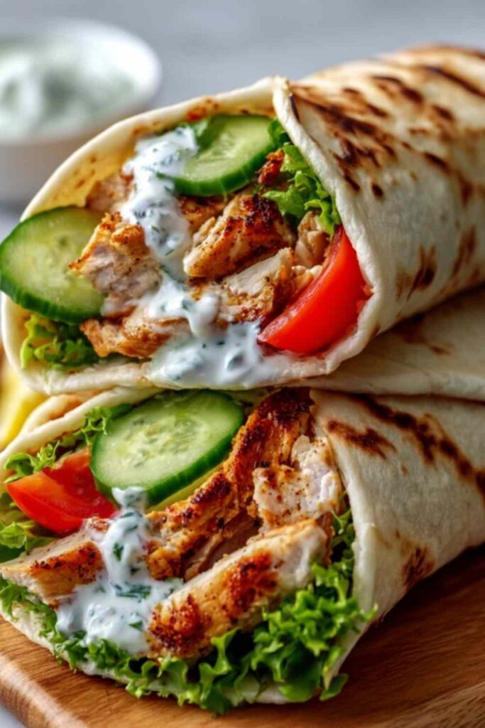 Mediterranean chicken gyros with creamy feta tzatziki sauce in warm pita bread on a wooden board