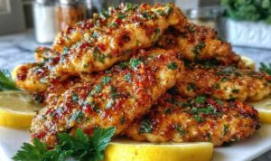 Baked Mediterranean chicken tenders on a white plate garnished with fresh parsley and crumbled feta cheese
