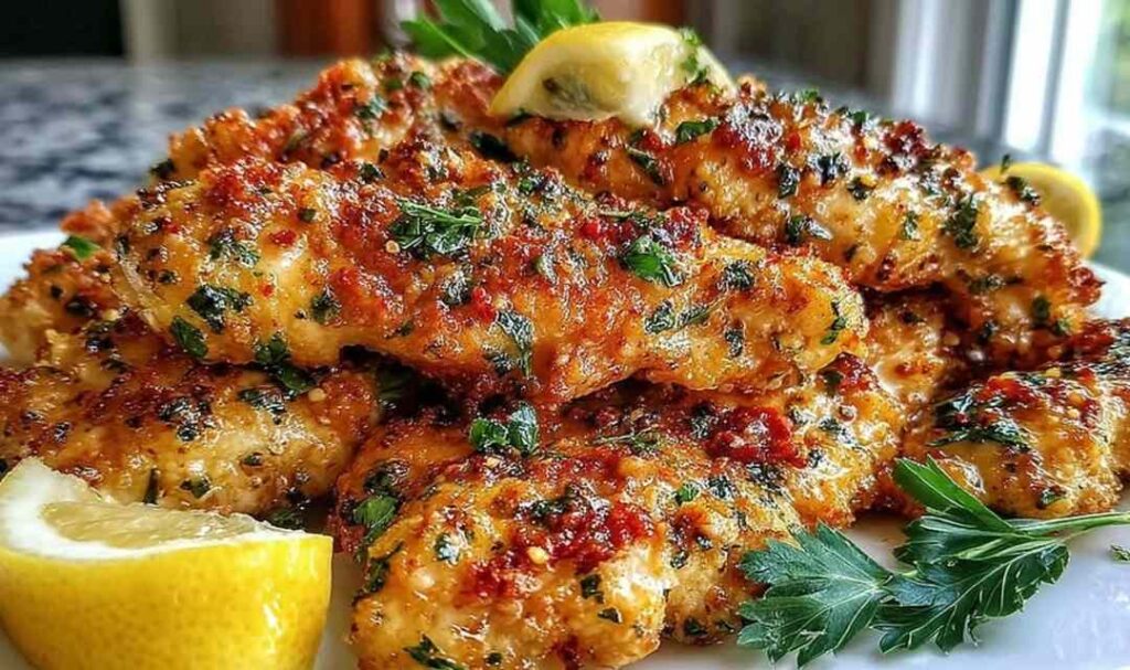 Baked Mediterranean chicken tenders on a white plate garnished with fresh parsley and crumbled feta cheese