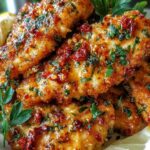 Baked Mediterranean chicken tenders on a white plate garnished with fresh parsley and crumbled feta cheese