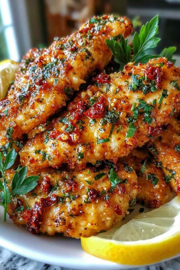 Baked Mediterranean chicken tenders on a white plate garnished with fresh parsley and crumbled feta cheese