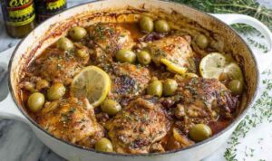 Mediterranean chicken with lemons and olives in a cast iron skillet garnished with fresh parsley