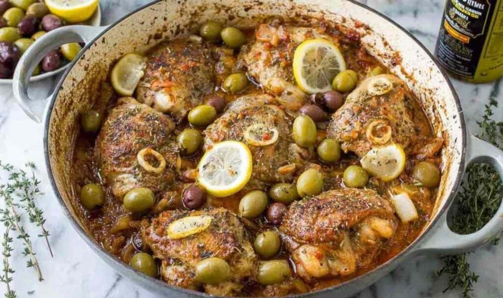 Mediterranean chicken with lemons and olives in a cast iron skillet garnished with fresh parsley