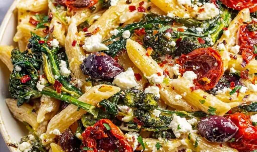Mediterranean Pasta 5 Bowl of Mediterranean pasta with sun-dried tomatoes, olives, artichokes, spinach, and crumbled feta cheese