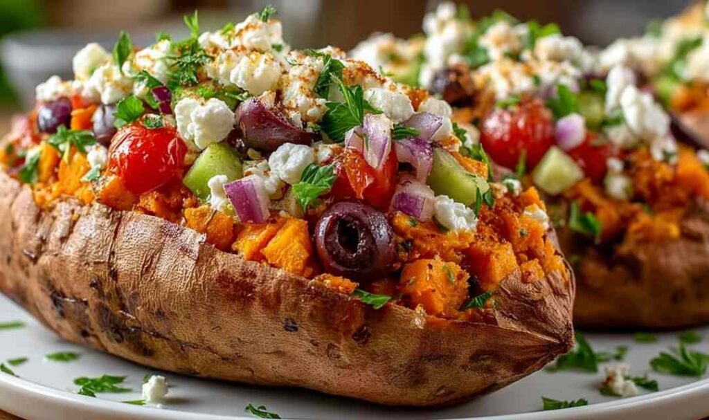 Mediterranean stuffed sweet potatoes topped with chickpeas, spinach, feta cheese, and lemon-herb drizzle on a white plate