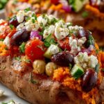 Mediterranean stuffed sweet potatoes topped with chickpeas, spinach, feta cheese, and lemon-herb drizzle on a white plate