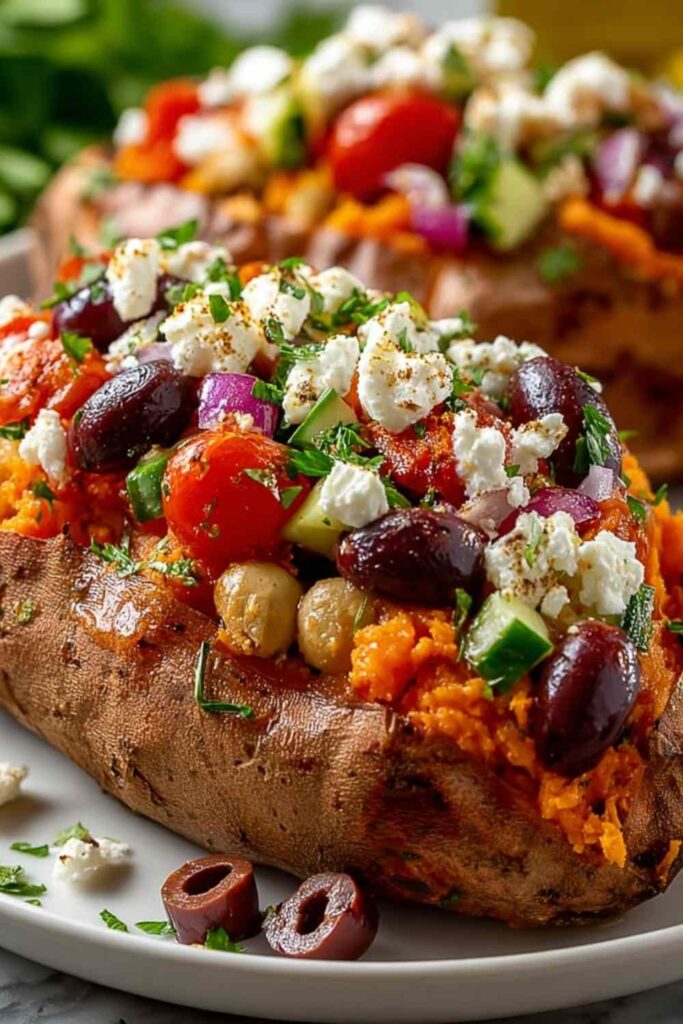 Mediterranean stuffed sweet potatoes topped with chickpeas, spinach, feta cheese, and lemon-herb drizzle on a white plate