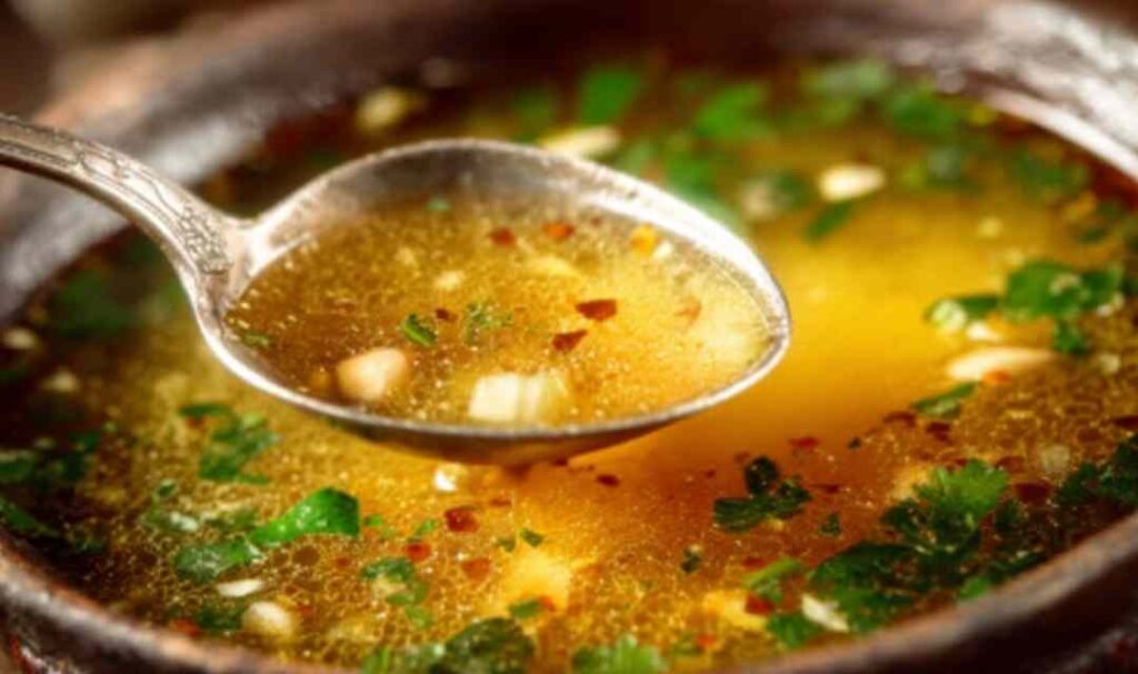 Close-up bowl of Mexican Garlic Soup topped with cotija cheese, diced avocado, fresh cilantro, and crispy tortilla strips