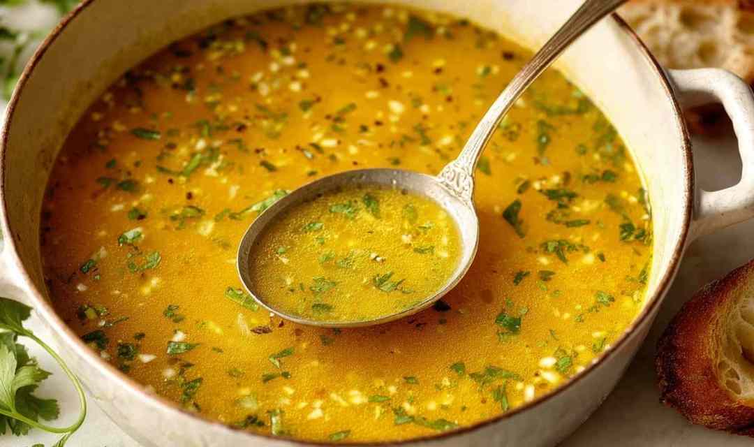 A bowl of Mexican garlic soup topped with fresh cilantro, lime wedges, and crumbled queso fresco