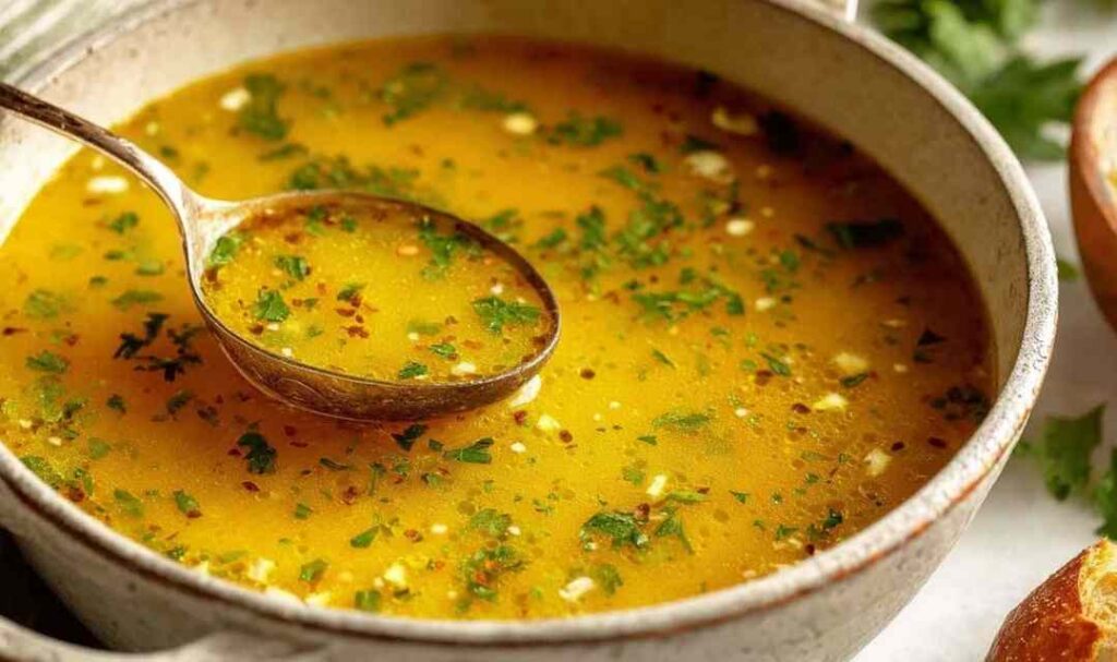 A bowl of Mexican garlic soup topped with fresh cilantro, lime wedges, and crumbled queso fresco