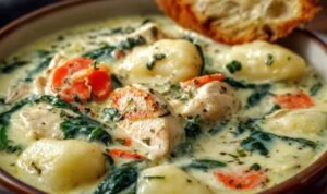 Olive Garden chicken gnocchi soup served in a white bowl with fresh parsley garnish