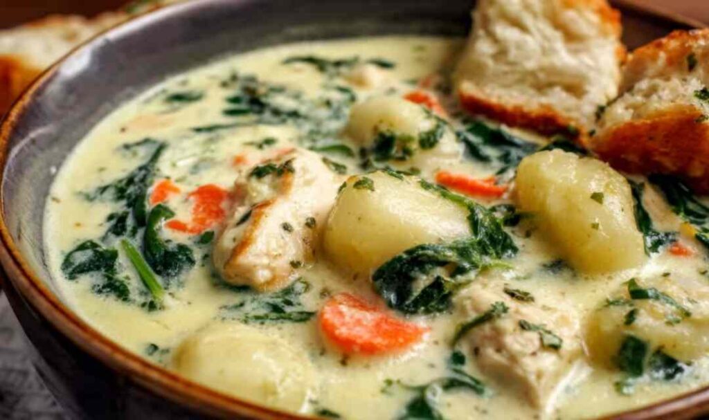 Olive Garden chicken gnocchi soup served in a white bowl with fresh parsley garnish