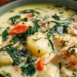 Olive Garden chicken gnocchi soup served in a white bowl with fresh parsley garnish