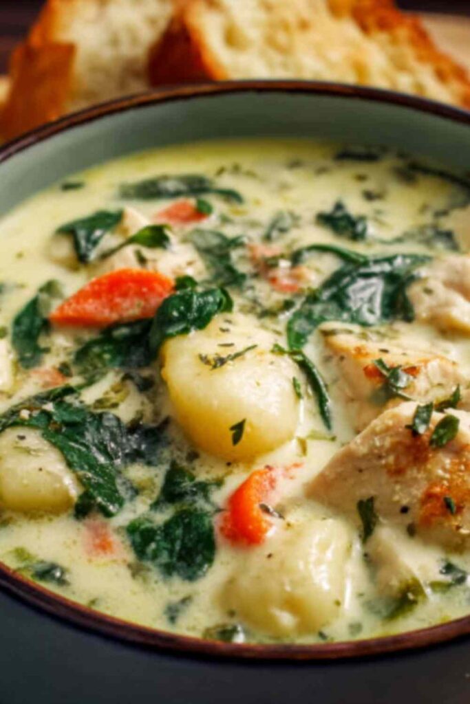 Olive Garden chicken gnocchi soup served in a white bowl with fresh parsley garnish