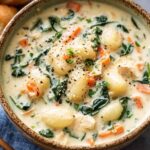 Creamy gnocchi soup in a white bowl topped with Parmesan cheese and fresh basil