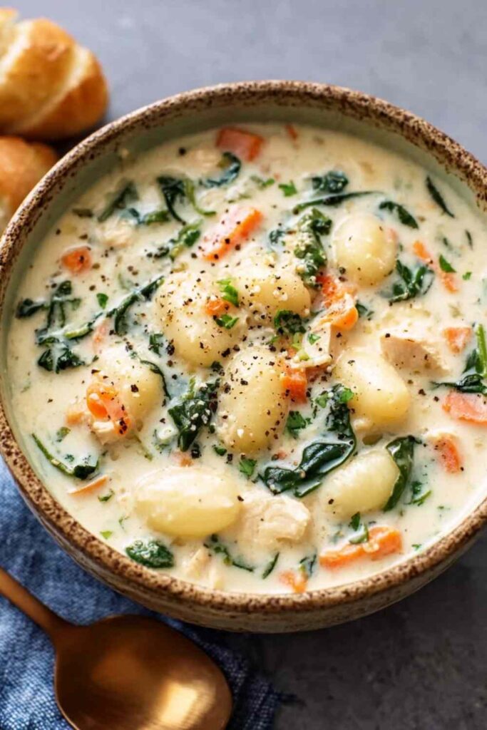 Creamy Gnocchi Soup 6 Creamy gnocchi soup in a white bowl topped with Parmesan cheese and fresh basil