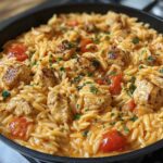 One pot Cajun chicken Alfredo orzo in a Dutch oven topped with fresh parsley and Parmesan