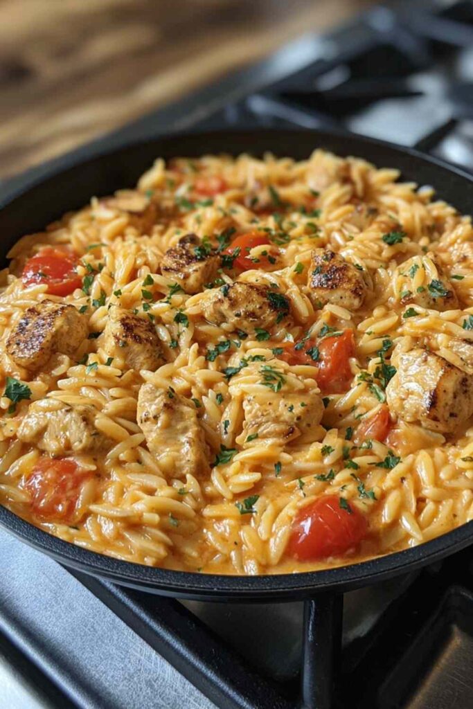 One pot Cajun chicken Alfredo orzo in a Dutch oven topped with fresh parsley and Parmesan