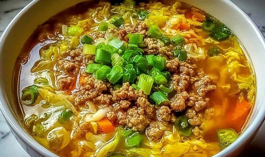 One-pot egg roll soup with ground pork, green onions, and sesame seeds in a white bowl