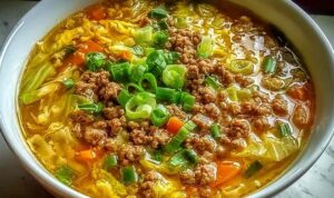 One pot egg roll soup with ground beef, coleslaw mix, green onions, and sesame seeds in a Dutch oven