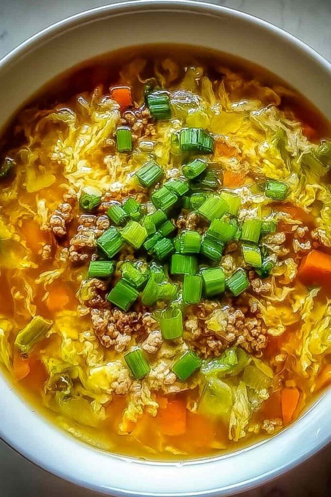 One pot egg roll soup with ground beef, coleslaw mix, green onions, and sesame seeds in a Dutch oven