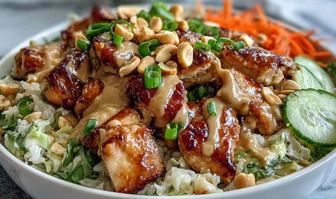 Peanut chicken protein bowl with sliced chicken, shredded cabbage, carrots, edamame, and creamy peanut sauce