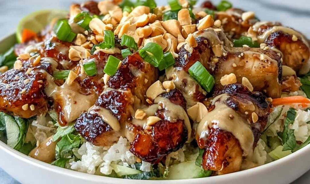 Peanut chicken protein bowl with sliced chicken, shredded cabbage, carrots, edamame, and creamy peanut sauce