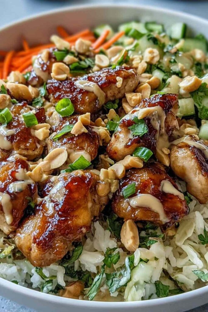 Peanut chicken protein bowl with sliced chicken, shredded cabbage, carrots, edamame, and creamy peanut sauce