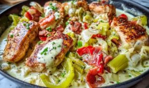 Pepperoncini chicken skillet with golden chicken breasts in tangy pepperoncini sauce garnished with fresh parsley