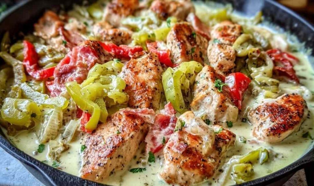 Pepperoncini chicken skillet with golden chicken breasts in tangy pepperoncini sauce garnished with fresh parsley